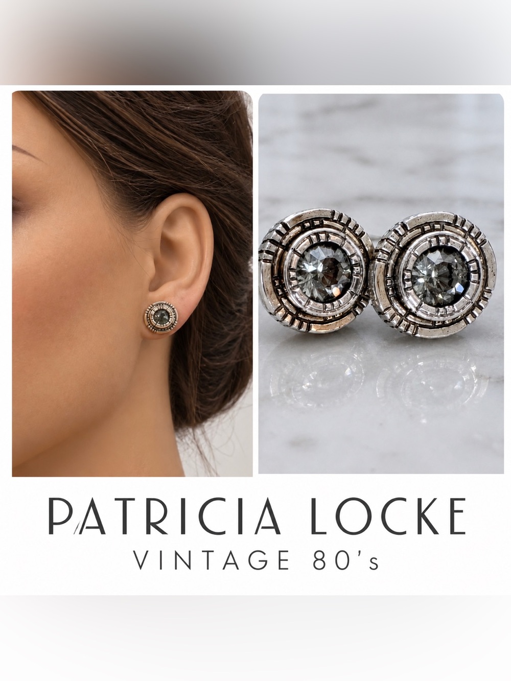 Patricia Locke Vintage 9.5 mm 3/8 Stud Earrings Gray Clear European Crystal EUC